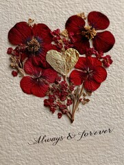 Elegant Valentine's card with pressed red flowers and Always & Forever text