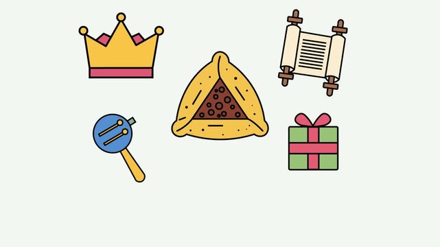 Animated Purim Holiday Icon Set with Hamantaschen and Festive Symbols