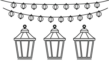 Elegant lanterns with festive string lights on white