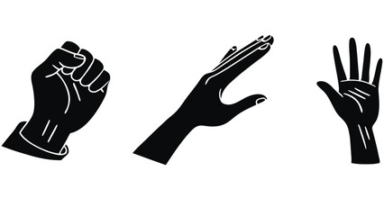 Three black silhouette hand gestures on white