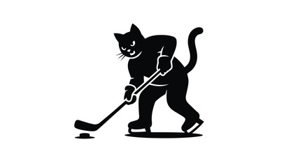 Black cat playing ice hockey with puck and stick