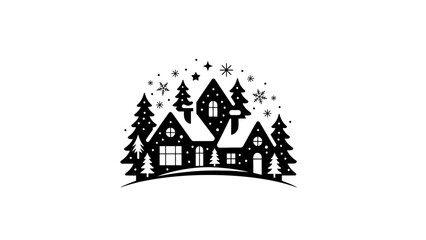 Cozy winter village scene with snowflakes and trees