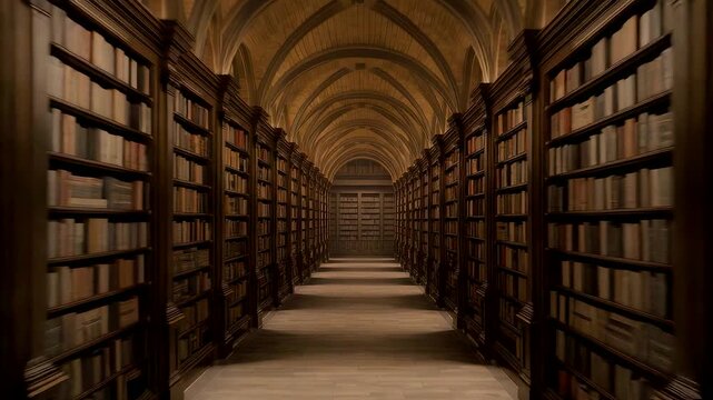 Grand historic library aisle lined with towering bookshelves and arched ceiling creating a quiet scholarly interior filled with knowledge and tradition