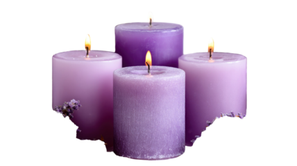 Glowing purple candle and white candles burning with a bright yellow flame on a clean white background for a romantic holiday celebration or spiritual candlelight decoration
