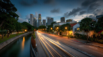 Streetlights line the highway long exposure cityscape