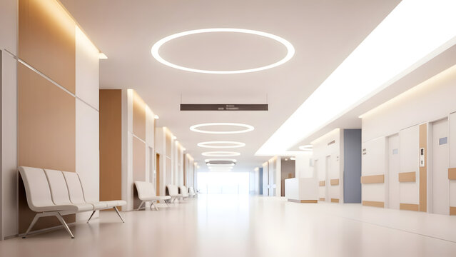 Modern Hospital Corridor with Bright Lighting and Waiting Benches - Powered by Adobe
