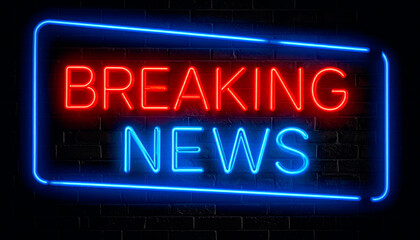 Obraz premium Glowing Red 'BREAKING NEWS' Neon Sign with Blue Frame on Dark Brick Wall Background. Retro Style for Urgent Updates, Announcements & Live Reports.