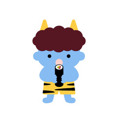 節分の恵方巻きを食べるかわいい青鬼キャラクターイラスト｜子ども向け日本行事デザイン