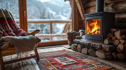 Obraz premium Cozy log cabin interior with warm wood-burning stove, stacked firewood, and window view of a snowy winter mountain landscape.
