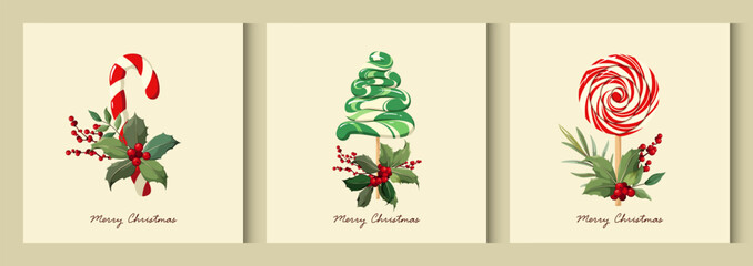 A set of colorful Christmas posters with sweets. Vector for flyers, postcards, design, and social media.
