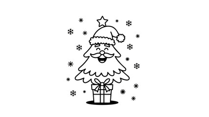 Christmas tree with Santa hat and gift box in snowy scene