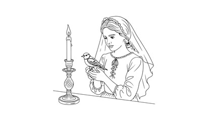 Medieval woman gently holds a bird by candlelight
