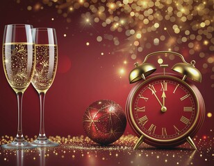 Sylwestrowe, czerwono-złote tło z szampanem, bombkami, kieliszkami, fajerwerkami i zegarem wskazującym p&oacute;łnoc