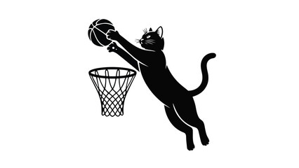 Black cat dunking basketball with dynamic movement