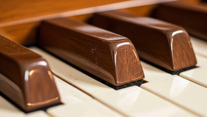 Closeup view of brown piano keys on white keys