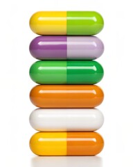 Vitamins stacked in colorful capsules on white background.