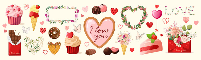 A set of Valentine's Day elements on a white background. Vector.
