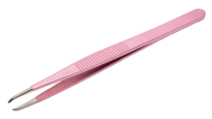 Pink angled tip tweezers with textured grip isolated on white background