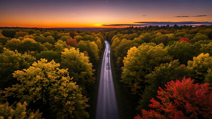 Aerial view of winding road through autumn forest at sunset fall foliage