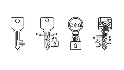 Modern security and technology key and lock icons