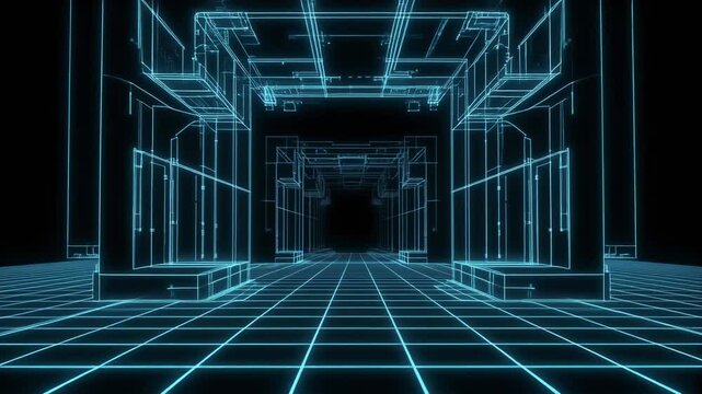 Abstract digital wireframe tunnel with glowing blue lines on a dark background, creating a futuristic architectural perspective.