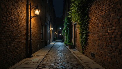 Naklejka premium Moonlit cobblestone alley between brick buildings with warm lantern glow