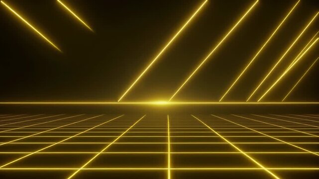 Abstract glowing yellow neon grid lines on a dark background creating a futuristic perspective.