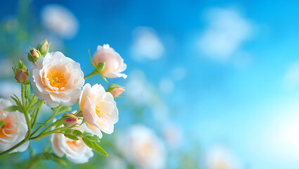 Closeup of delicate white and pale pink roses blooming against a vibrant, bright blue sky with soft bokeh background, symbolizing spring and romance