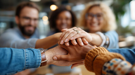 Team collaboration and networking with diverse group of faceless business professionals engaging in productive coffee break discussion, defocused informal consultation, casual teamwork,