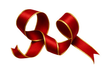 Luxurious Red Satin Ribbon Loop with Shimmering Gold Trim Detail Isolated on a Transparent Background