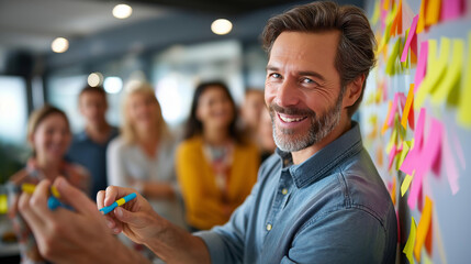 Business faceless team and scrum master in boardroom brainstorming session with whiteboard and sticky notes innovative ideas creative and collaborative atmosphere professional setting, with