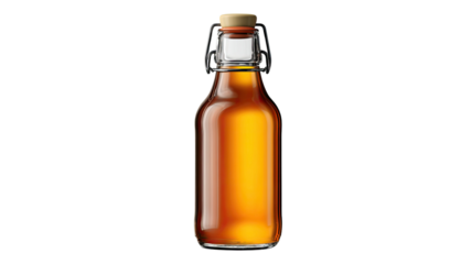 A full brown glass lager beer bottle with a cold liquid beverage and metal cap remains isolated on a white background 