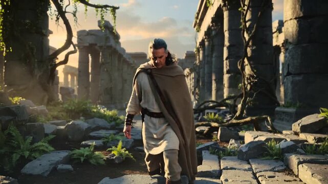 Marcheur solitaire dans ruines envahies par la v&eacute;g&eacute;tation