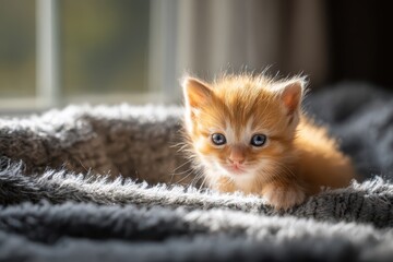 Tender orange newborn kitten resting on a gray blanket by a sunlit window