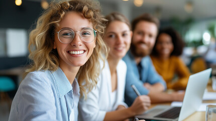 Young faceless professionals collaborating in friendly office space brainstorming innovative ideas together during creative business meeting, defocused contemporary teamwork, modern