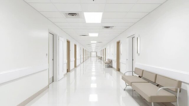 Bright hospital corridor with white walls and seating leading through clean clinical interior conveying calm medical care environment