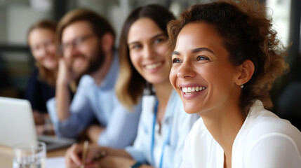 Four joyful diverse faceless professionals engaged in collaborative discussion in modern coworking space brainstorming together exchanging ideas or presenting information briefing event