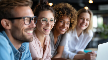 Four joyful diverse faceless professionals engaged in collaborative discussion in modern coworking space brainstorming together exchanging ideas or presenting information briefing event