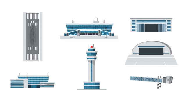 Flat Design Airport Elements Control Tower, Terminal, and Runway