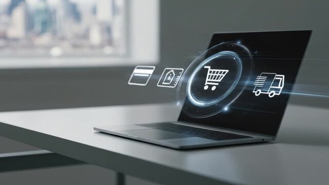 Online Shopping Concept with Laptop and Digital Icons.