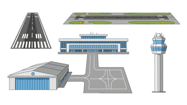 Vector Airport Elements Runway, Terminal, Tower, and Hangar Design