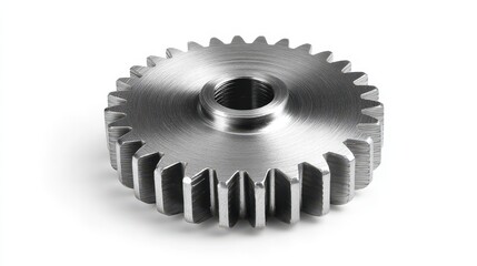 Top-down photograph of a single metallic gear isolated on a white background