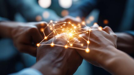 Faceless people connecting hands symbolizing teamwork with graphical network overlay of points and lines, defocused collaborative visualization, connected cooperation, networked solidarity,