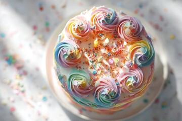 Obraz premium Top-down view of a colorful birthday cake with rainbow frosting, sprinkles, and candles