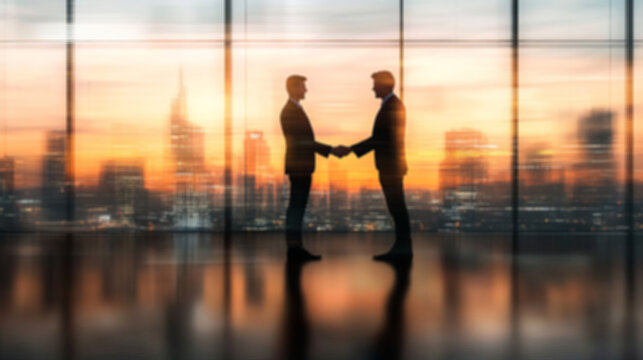 blurred background of a business office interior with panoramic windows overlooking the city at sunset, two men in suits shaking hands close-up