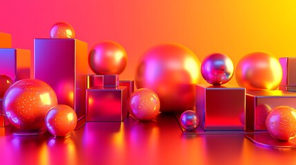 Abstract 3D render of metallic geometric shapes reflecting vibrant gradient colors