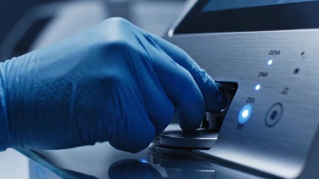 Cinematic close-up of hand placing labeled DNA sample tube into analyzer with detailed texture