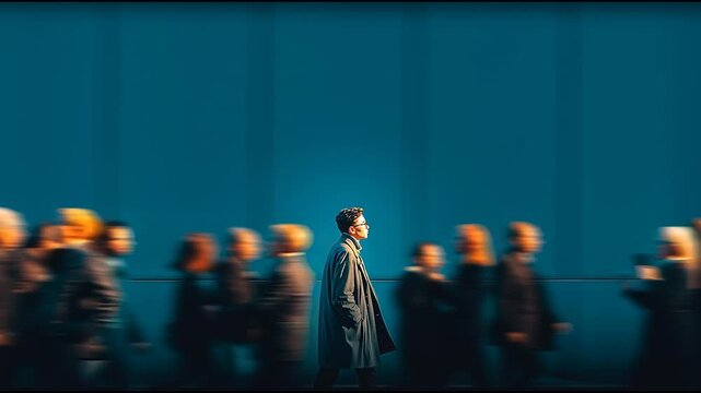Conceptual photo of man walking against the crowd in motion blur symbolizing individuality and nonconformity