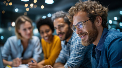 Obraz premium Advertising agency designer creative startup faceless team discussing ideas in office, defocused creative consultation, design collaboration, artistic planning, innovative teamwork moment,