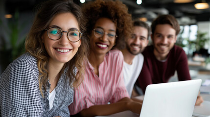 Obraz premium Multi-ethnic office conference room meeting with multicultural faceless team of four creative entrepreneurs talk discuss growth strategy, diverse young businesspeople work on digital
